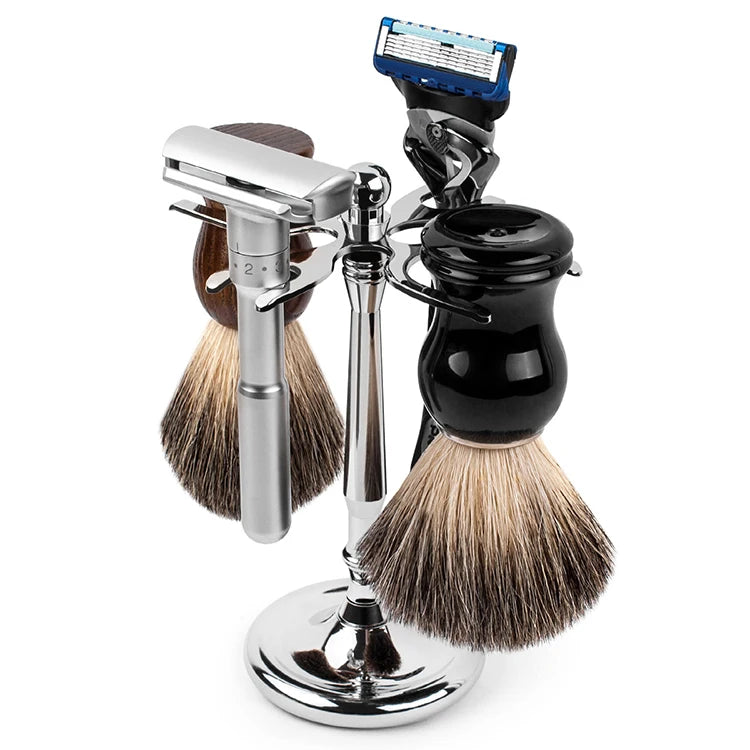 Stainless Steel Shaving Brush and Classic Safety Razor Stand Holder