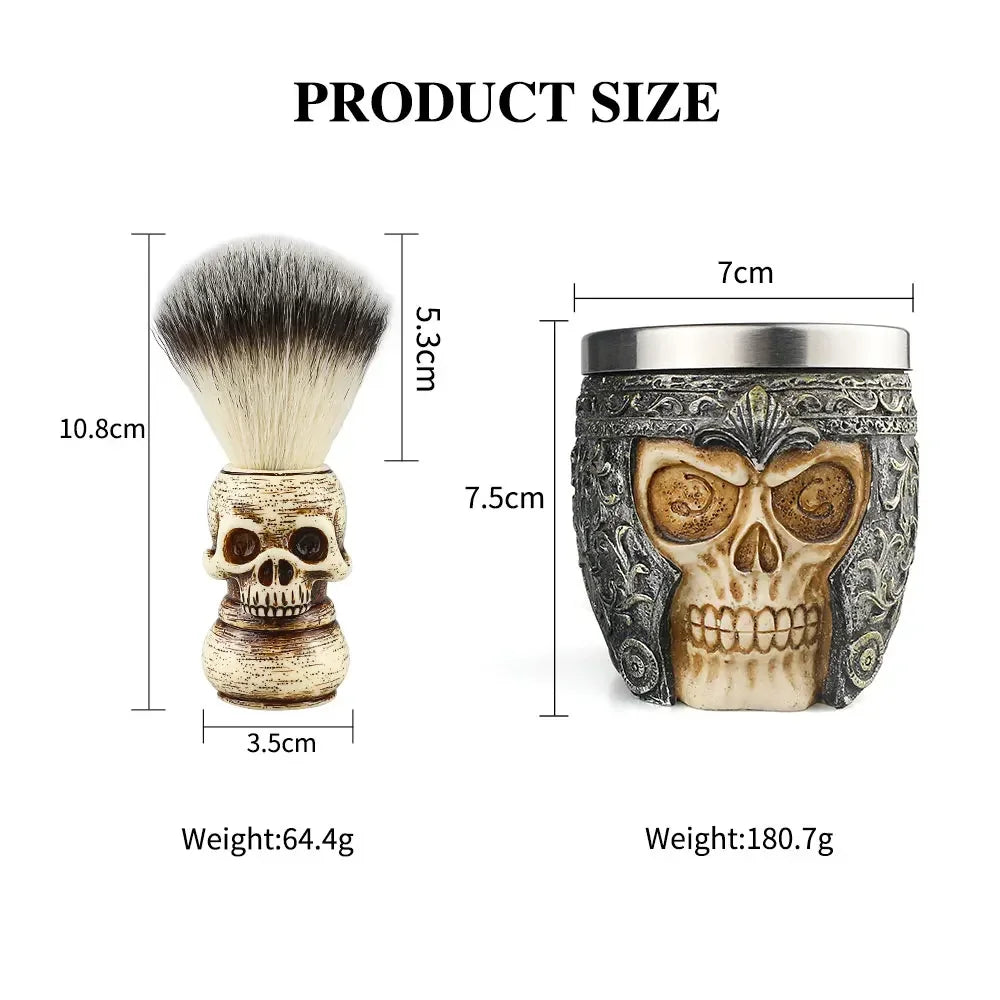 Skull-themed Shaving Brush and Foaming Soap Bowl Set - Essential Men's Grooming and Facial Cleansing Kit