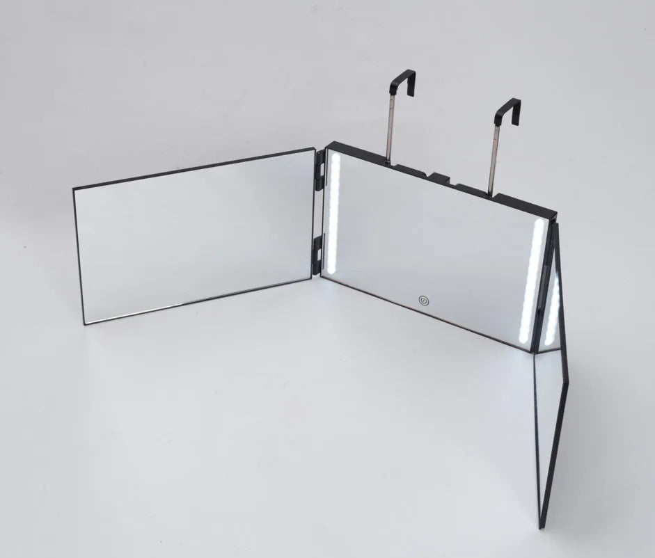 Adjustable Trifold Mirror with 360° Viewing, LED Lights, and Rechargeable Feature