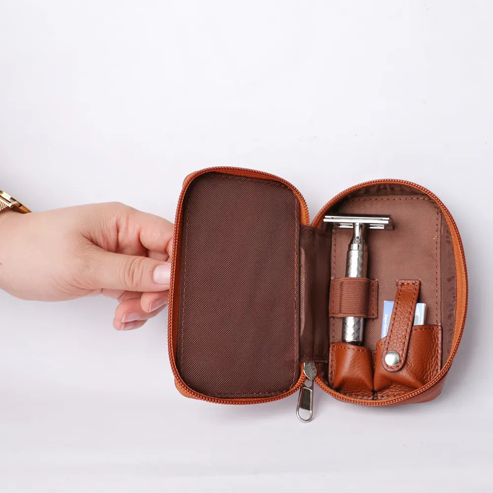Luxurious Leather Travel Case for Double Edge Safety Razor and Wet Shaving Essentials