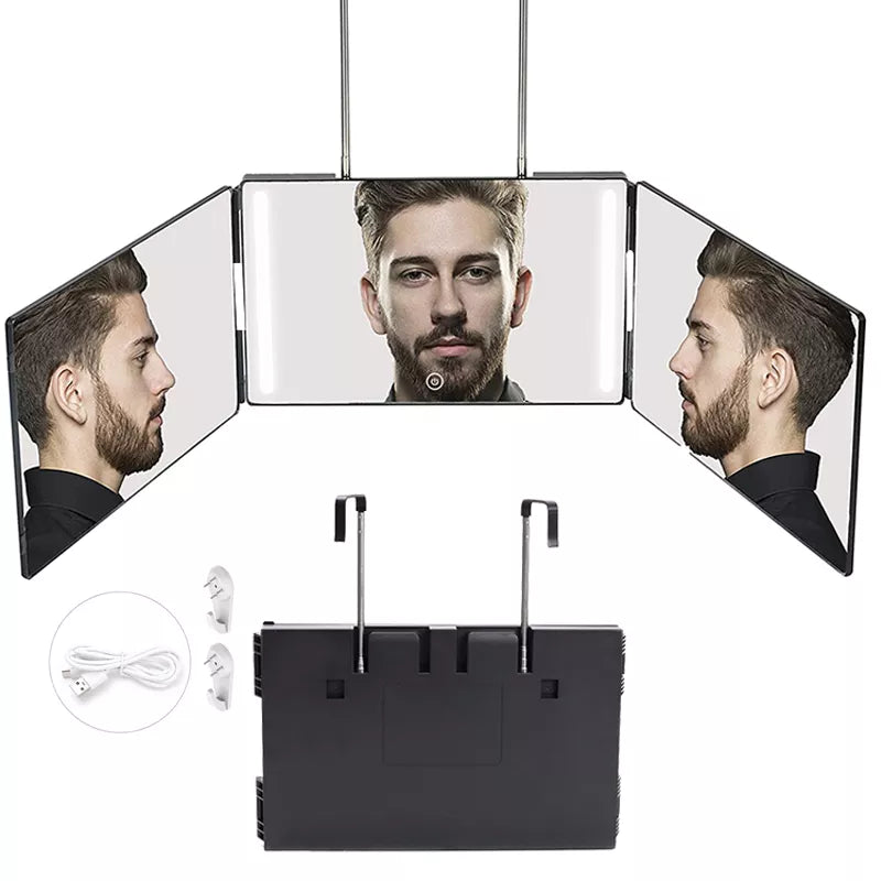 Verstellbarer dreifach klappbarer Spiegel mit 360°-Sicht, LED-Leuchten und wiederaufladbarer Funktion